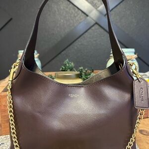Coach Rich Brown Leather Shoulder Bag with Gold Chain
